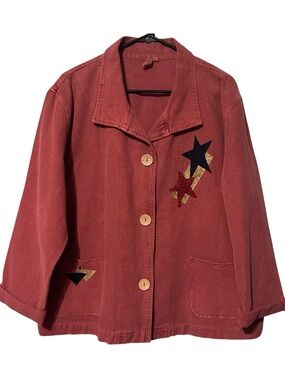 Focus Fashions 100% Cotton Star Patch Jacket Top L Rust Textured Button Front